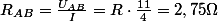 R_{AB}=\frac{U_{AB}}{I}=R\cdot\frac{11}{4}=2,75\Omega
